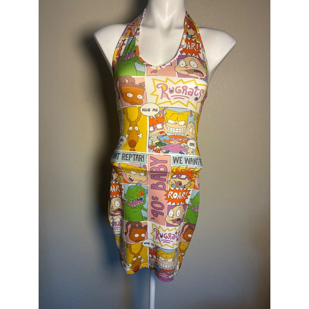 Rugrats Nickelodeon 90s Baby Comic Print Halter Bodycon Mini Dress Multicolor